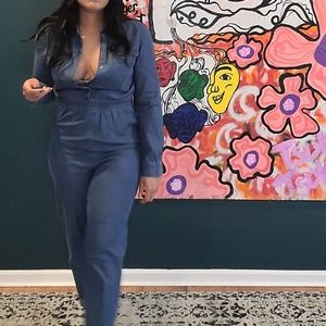 Chambray denim like one piece jumpsuit